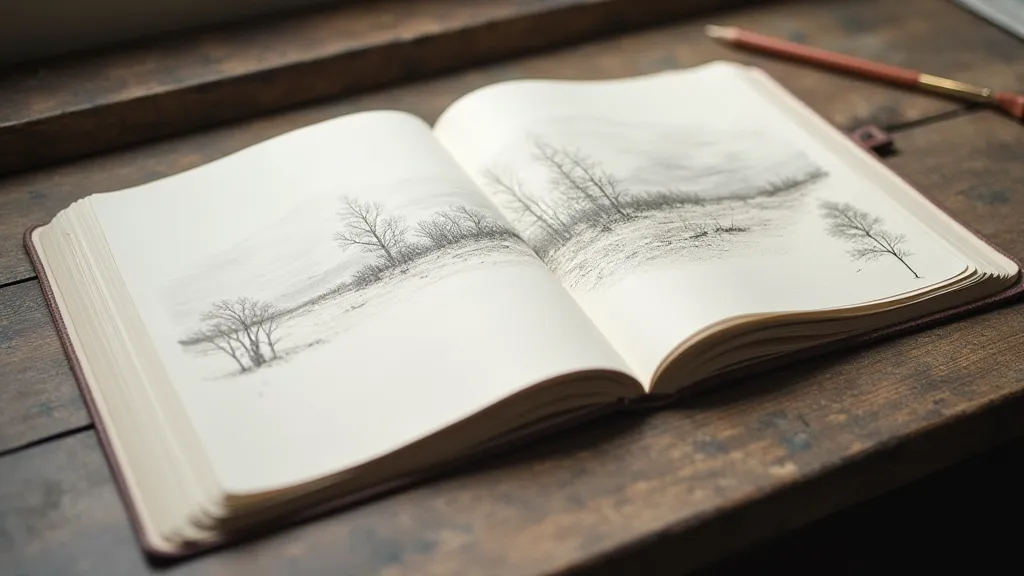 A finished sketchbook with a landscape sketch