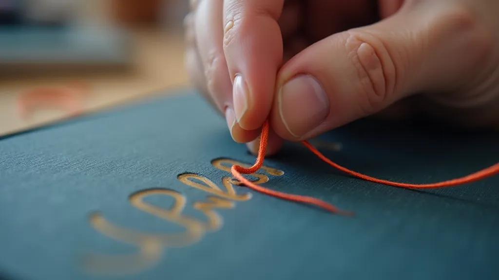 Orange thread stitching dark blue paper